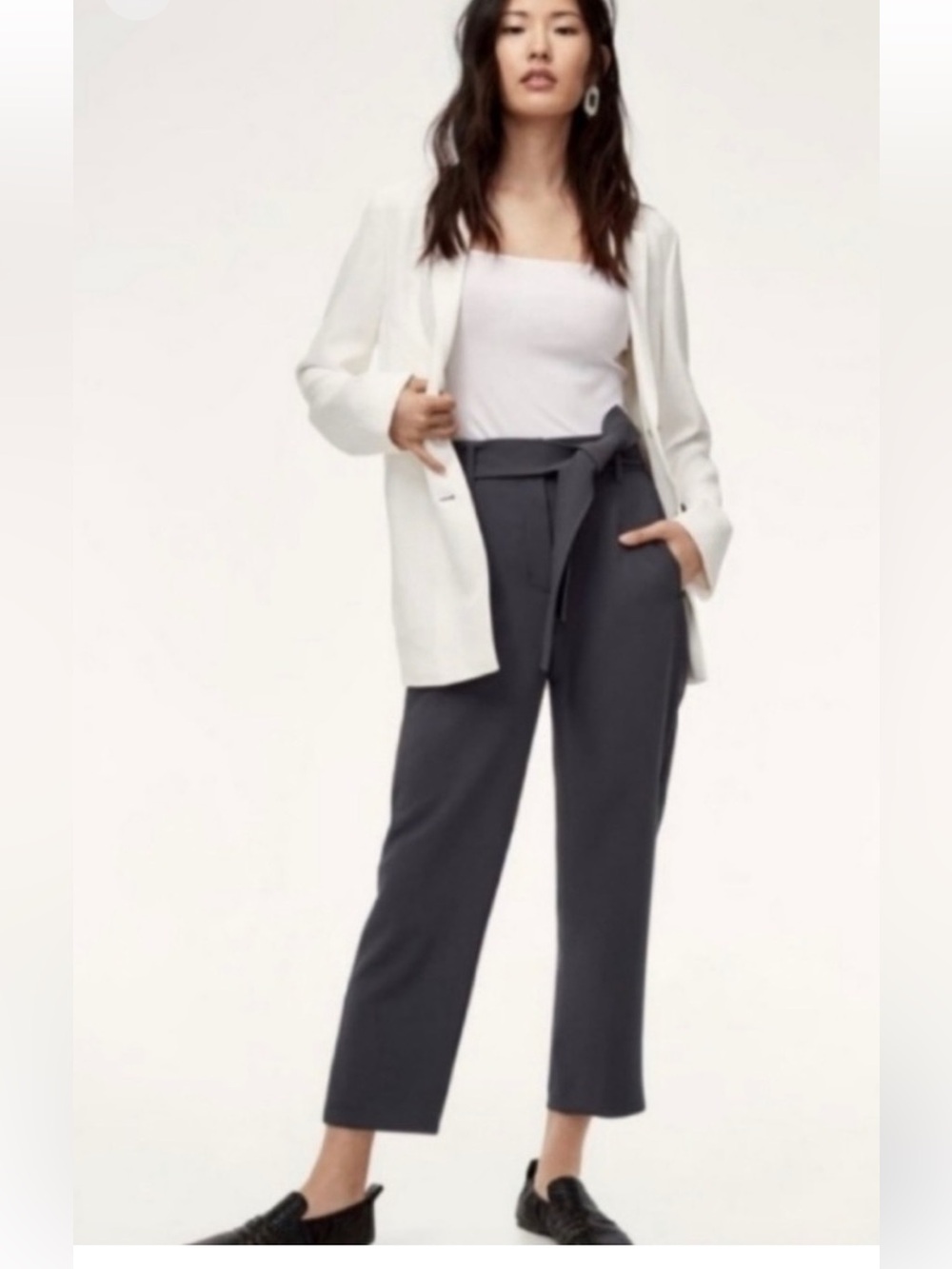 Aritzia Wilfred Tie Front Pant Gray Crepette High Rise Cropped Trousers Size 16